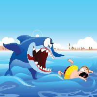 Pixwords The image with shark, swim, man, attack, beach, sand, sea, water Zuura - Dreamstime